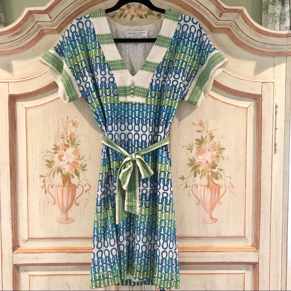 TRINA TURK Chain Link Print Dress Size 2 Green and Blue